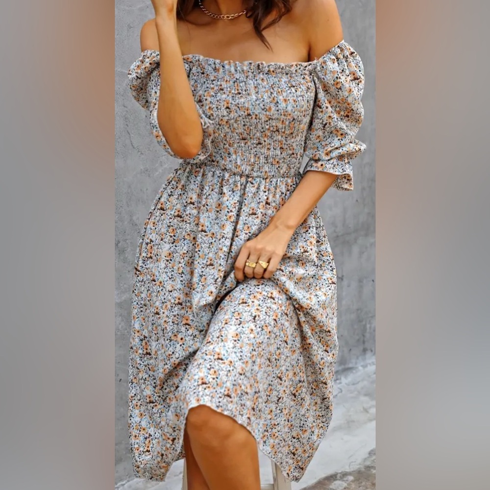 YOVITEME size XL Floral, Smocked, off the shoulder Midi Dress in Blue and Orange